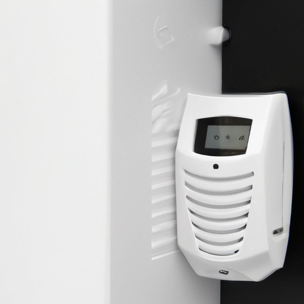 Image of a modern wireless alarm system installed in a cozy weekend cabin, showcasing features like a motion detector, wireless sensors, and a user-friendly interface.