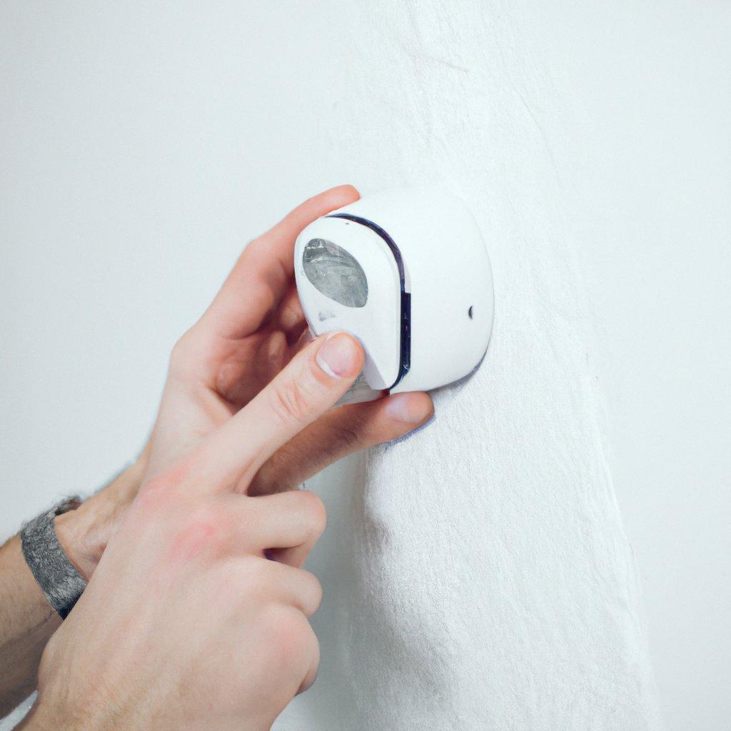 Image of a homeowner installing a wireless alarm system with motion detectors, showcasing a modern home security setup.