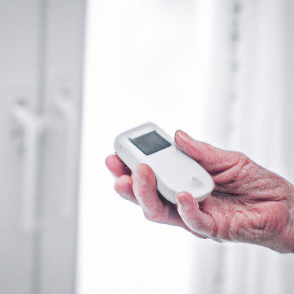 An elderly person with a caregiver discussing a wireless alarm system in a home setting, highlighting safety and security measures.