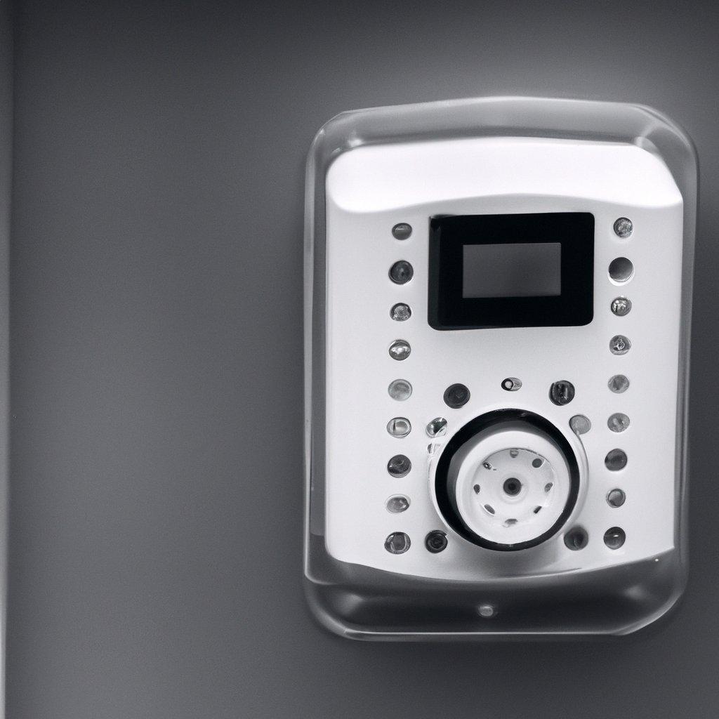 A modern wireless security alarm system installed in an apartment, showcasing components like a motion detector and control panel for enhanced home security.