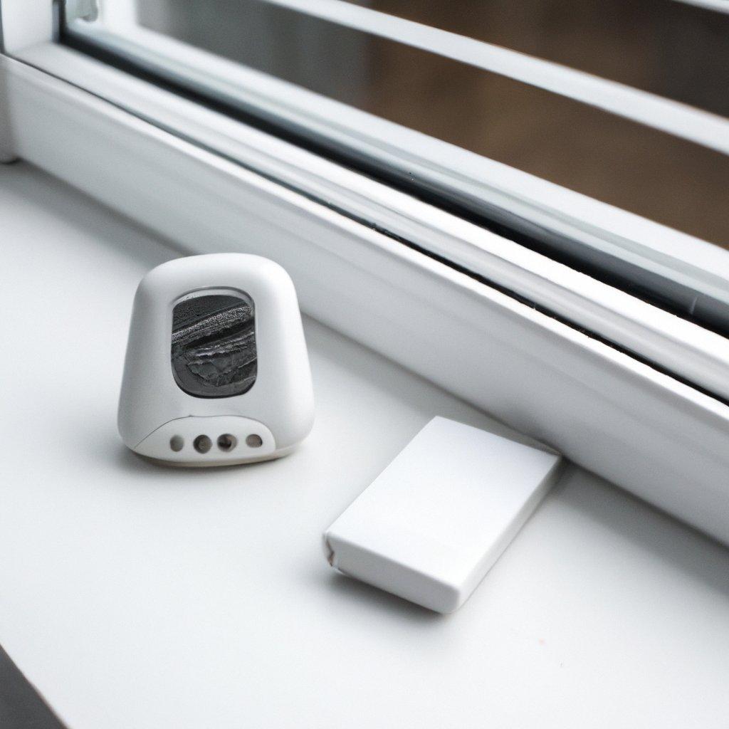A close-up image of a wireless alarm system setup in a home, featuring a motion detector wifi sensor and a wireless security alarm panel.