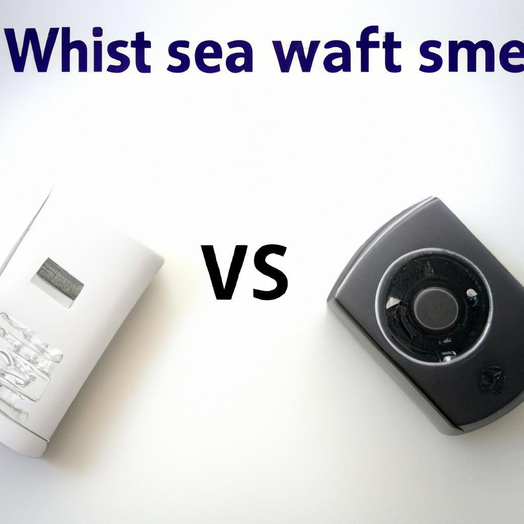 A comparison image showing a GSM alarm system and a WiFi alarm system, highlighting features like motion detectors, wireless capabilities, and home security benefits.