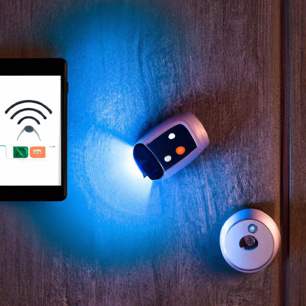 Illustration of a wireless alarm system integrated with smart locks and lights, showcasing features like motion detectors and home security technology.