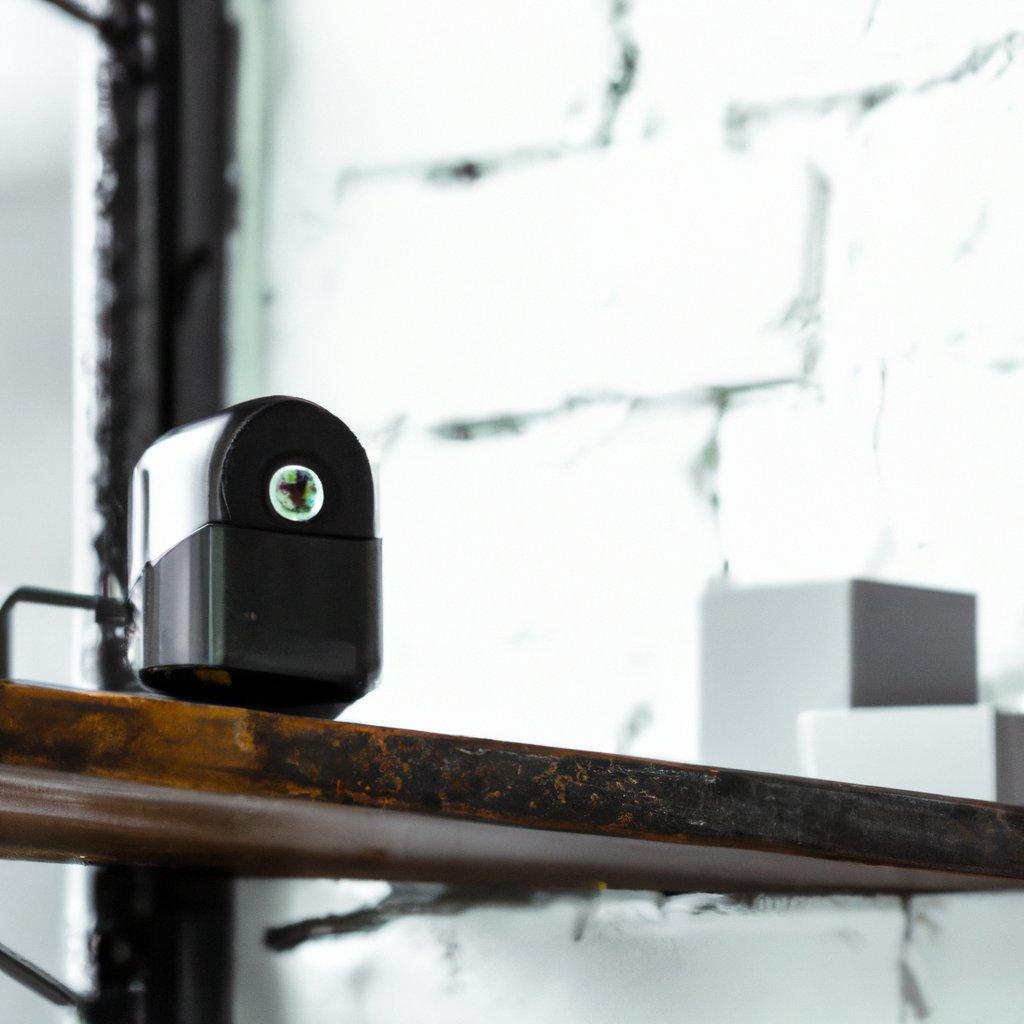 An image showing a modern home equipped with a wireless security system, including a visible motion detector and various security features.