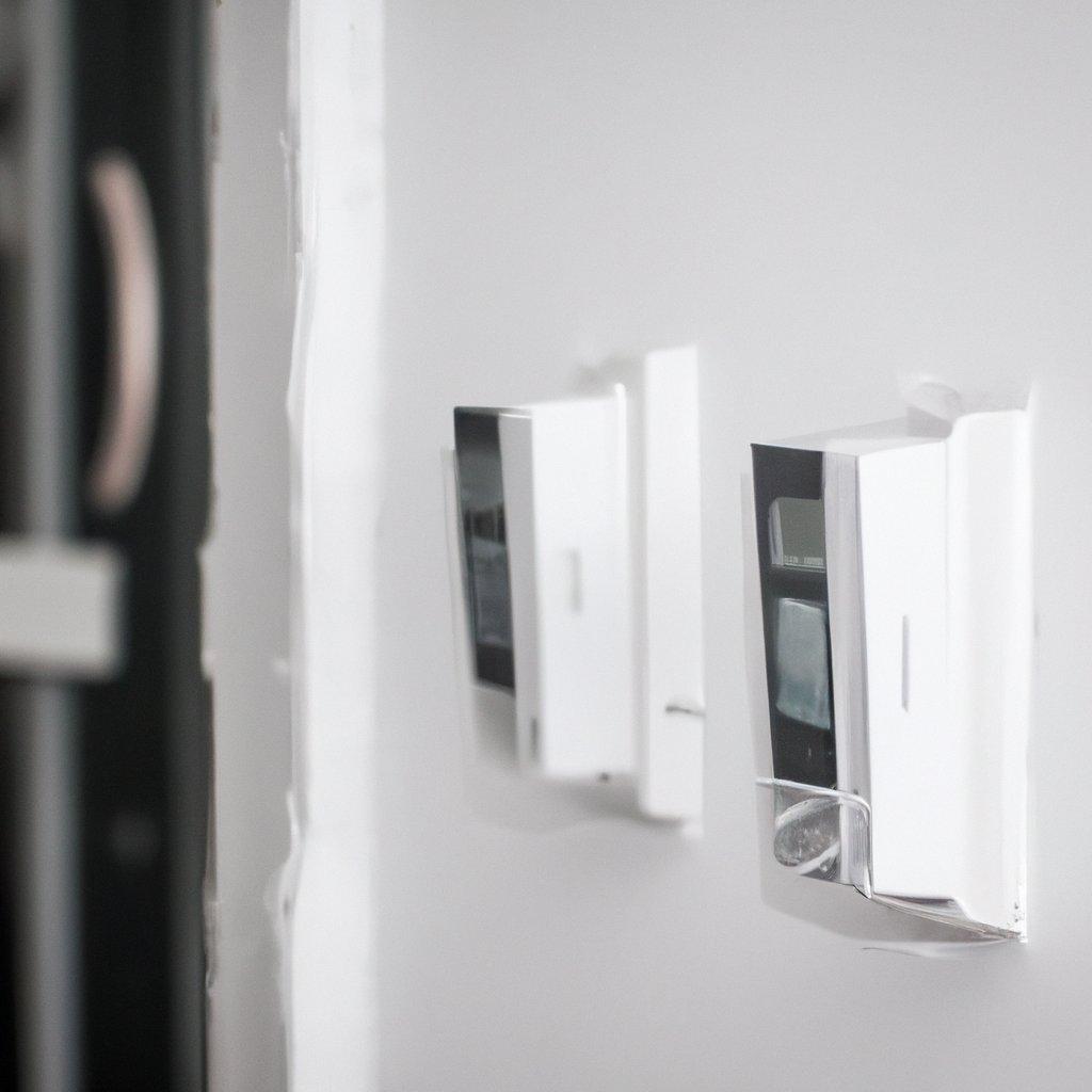 A professional looking wireless alarm system setup for a small business, featuring a sleek design, motion detector, and control panel for enhanced security.