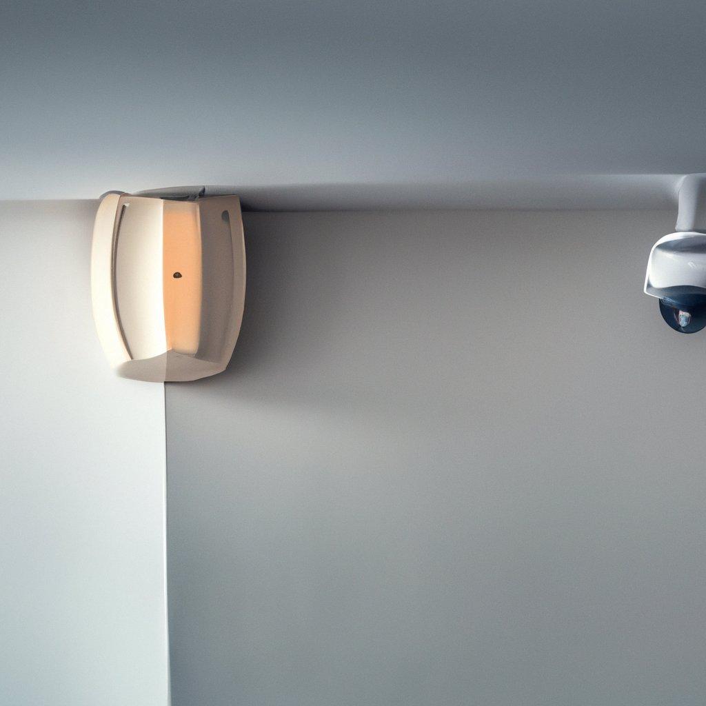 A close-up view of a motion detector installed in a residential area, showcasing its sleek design and integration in a comprehensive wireless security system.