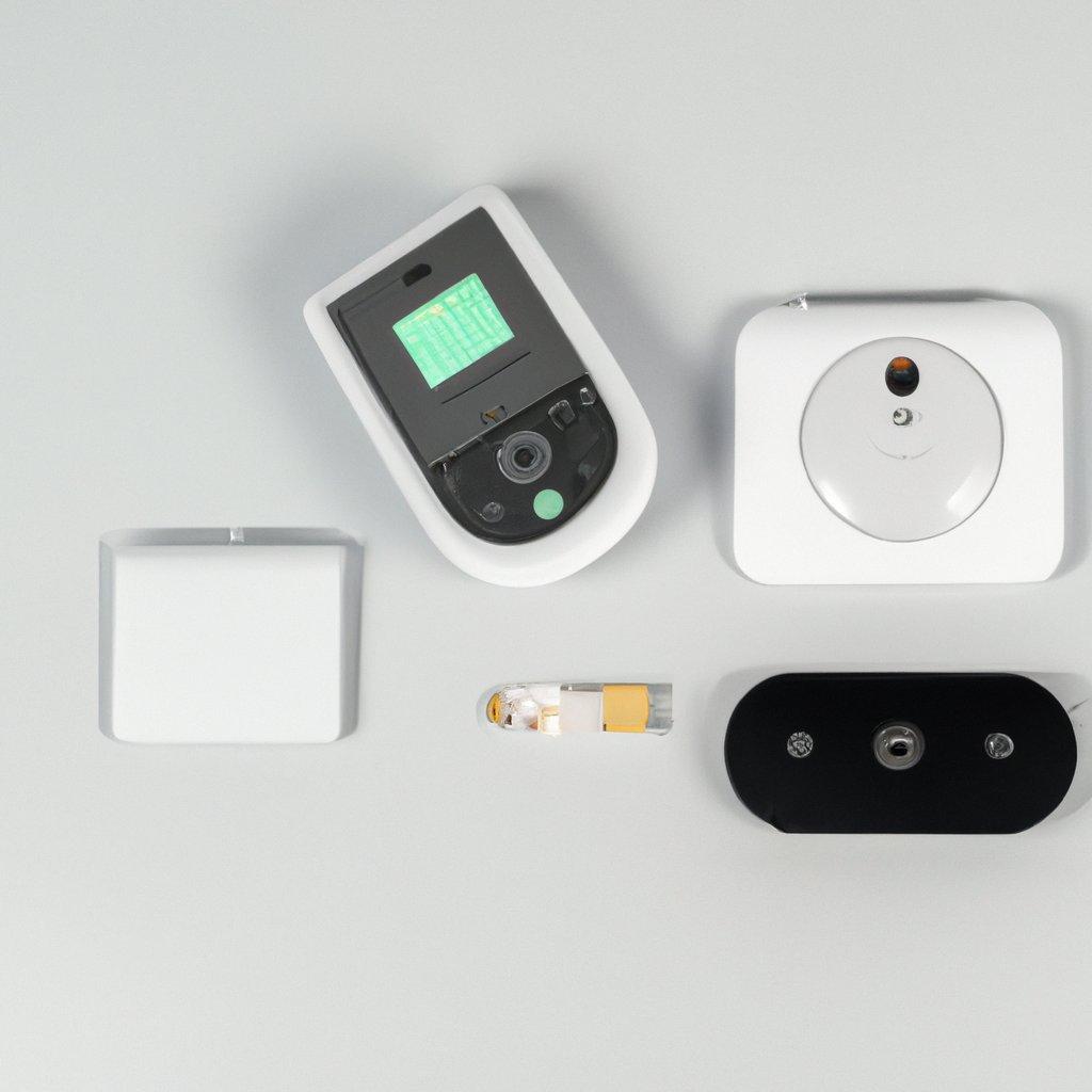 A professional wireless alarm system installation kit displayed on a table, featuring various components like motion sensors and a control panel.